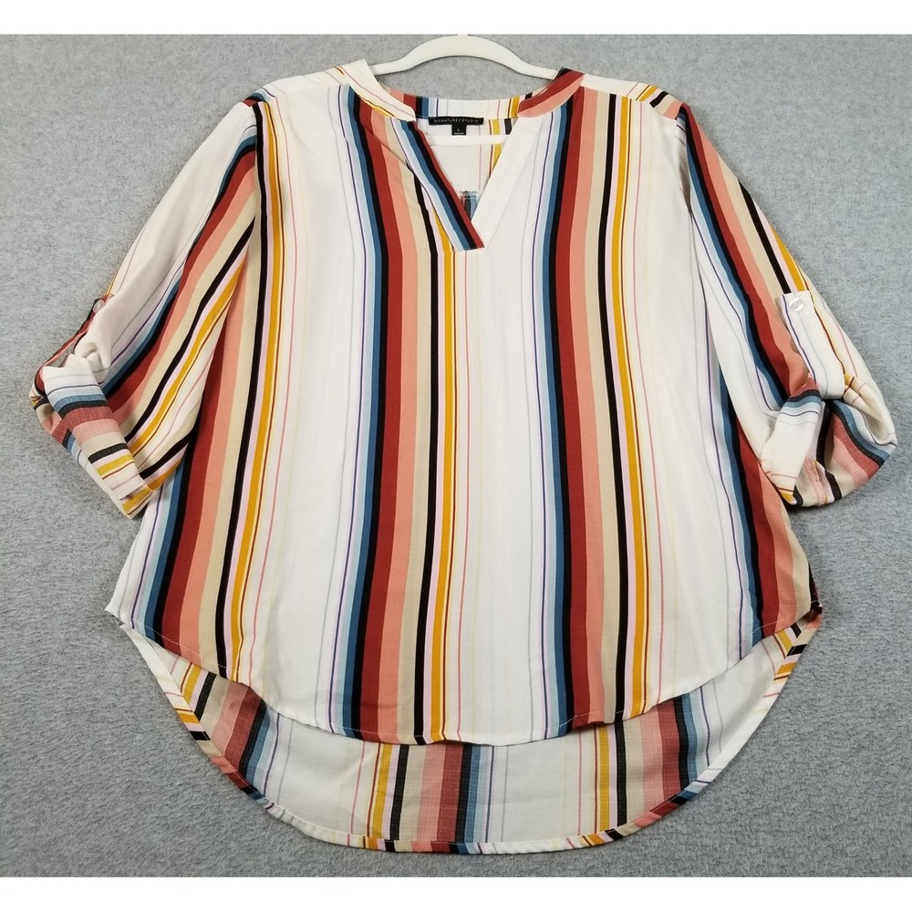 Signature Studio Blouse Women L Large Multicolor Striped V-Neck Roll Tab Sleeve